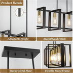 4-Light Dining Room Light Fixture, 53’’ Farmhouse Wood Chandelier Kitchen Island Lighting Over Table, Modern Black Gold Rectangular Hanging Pendant Light Fixture for Living Room, E26 Sockets
