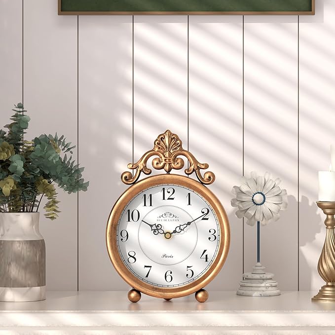 Vintage Gold Table Clock, Desk and Shelf Mantel Clock, French Rustic Antique Style Decor Clocks, for Farmhouse, Bedroom, Living Room, Bedside, Gift (9" H x 6.3" W)