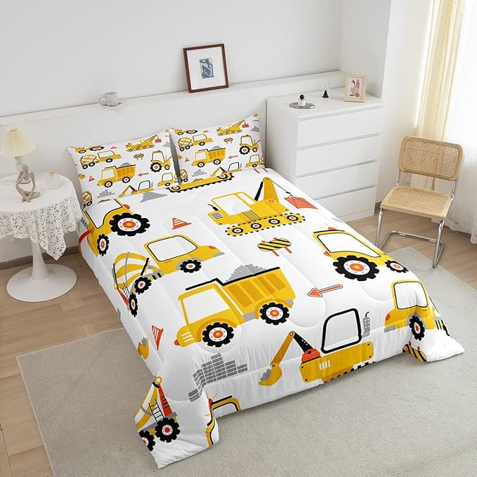Cartoon Car Comforter Set Kids Construction Comforter for Boys Equipment Trucks Bedding Set Breathable Cartoon Yellow Car Excavator Tractor Duvet Set Room Decor Quilt Set Full Size