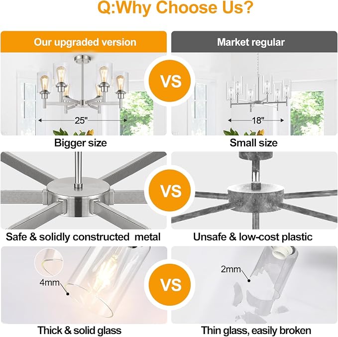 Brushed Nickel Chandeliers, 6 Light Farmhouse Chandelier for Dining Room Light Fixtures Over Table, Hanging Light Fixture with Clear Glass Shade for Kitchen Island Living Room, Height Adjustable