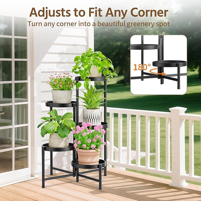 LASZOLA 5 Tiered Folding Plant Stand Indoor for Multiple Large Planter, Tall Heavy Duty Adjustable Rack with Rust Proof 10 Inch Wide Tray, Sturdy Vertical Tree Organizer for Narrow Inside Floor, Black