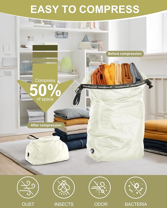 Travel Laundry Bag, Pump Free Vacuum Storage Bag Reusable Compression Dirty Clothes Travel Bag Waterproof Wet Dry Bags Large Capacity Space Saver Bags Camp Clothes Organizer (1 Pcs)(White, M)