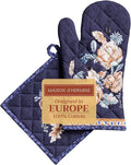 Maison d' Hermine 100% Cotton Oven Mitt & Pot Holder Set (7.5"x13" & 8"x8") | Heat Resistant BBQ Cooking Gloves with Loop Baking Grilling Kitchen Home Farmhouse Thanksgiving Christmas - Pumpkin Blues