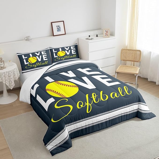 Kids Softball Comforter Set Full Size Softball Gaming Bedding Set for Boys Girls Teens Bedroom Decor Sports Theme Comforter Women Men Baseball Gaming Duvet Set with 2 Pillow Case