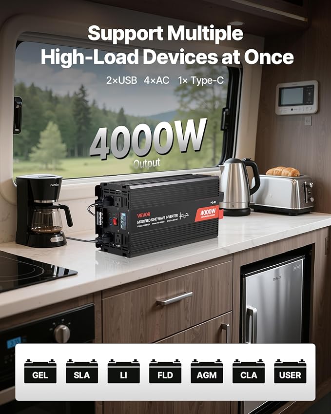 VEVOR 4000W Power Inverter, 12V DC to 120V AC Modified Sine Wave Inverter, Solar Car Charger Converter with LCD Display, Remote Control, 2 USB Ports, 4 AC Outlets, Type-C Port, for RV, Truck Outdoor