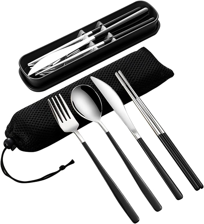 VANRA 4-Piece Portable Travel Utensils Set with Case 18/8 Stainless Steel Flatware Set Reusable Cutlery Set with Fork Spoon Knife Chopstick for Lunch Travel Camping School Work Picnic (Black)