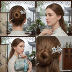 6 PCS Chinese Hair Sticks Silver Crystal Hair Stick for Buns Long Hair Chinese Hanfu Metal Hair Chopsticks Hair Bun Updo Holders Long Thick Hair Accessories for Women