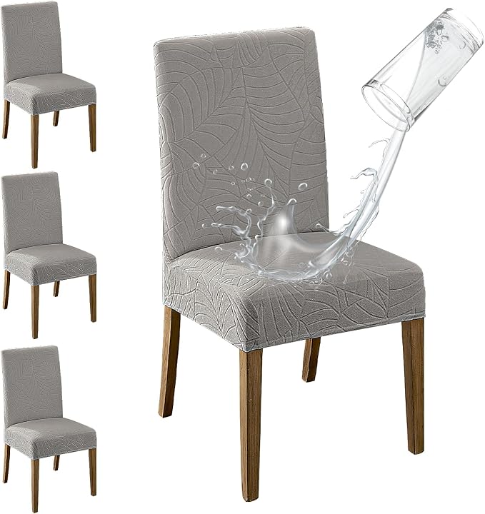 MOSAYT 100% Waterproof Dining Room Chair Covers Set of 4, Super Fit Stretch Jacquard Parson Chairs Slipcovers Removable Washable Chair Seat Protectors for Home, Kitchen, Banquet (Light Grey)