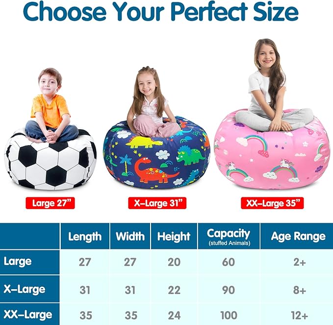 Lukeight Stuffed Animal Storage Bean Bag Chair Cover for Kids, Dinosaur Zipper Beanbag Chair Cover for Organizing Toddler & Kids' Rooms Plush Toys (Dinosaur Navy, Large)