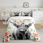 Highland Cow Bedding Set Kids Rose Floral Bull Cattle Comforter Set for Girls Teens Western Wildlife Animal Comforter Farmhouse Duvet Set Room Decor Quilt Set Twin Size