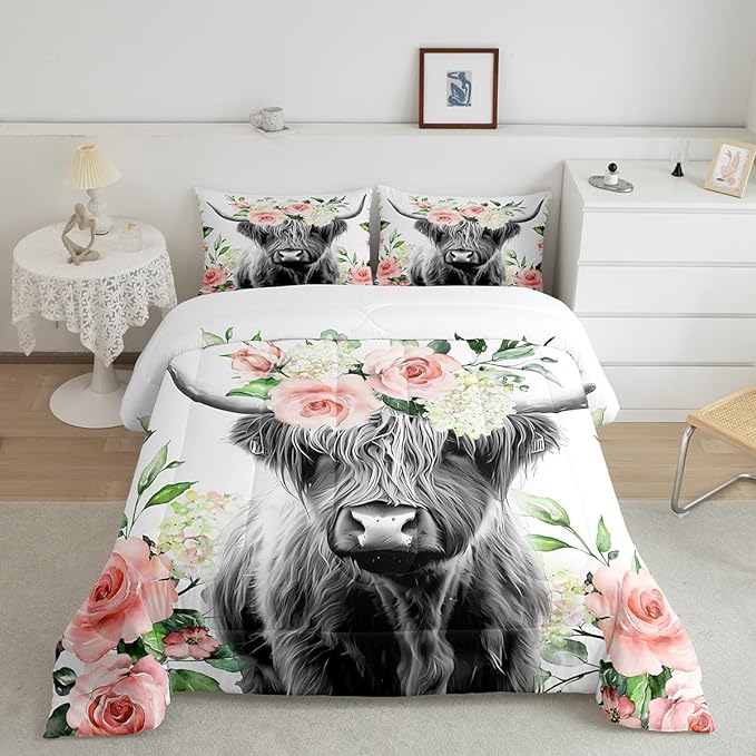 Highland Cow Bedding Set Kids Rose Floral Bull Cattle Comforter Set for Girls Teens Western Wildlife Animal Comforter Farmhouse Duvet Set Room Decor Quilt Set Twin Size