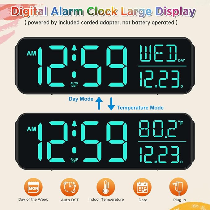 Peakeep Digital Alarm Clock for Bedrooms, Date Day of Week Large Display Numbers 6 Brightness Dimmer, 5 Volume Loud for Heavy Sleepers, 8 RGB Colors Electric Desk Clock Battery Backup, Auto DST