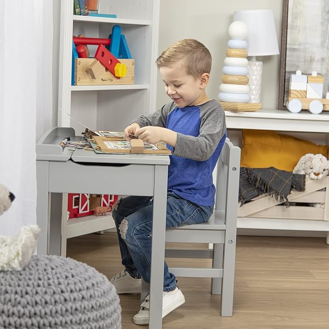 Melissa & Doug Wooden Lift-Top Desk & Chair - Gray , Grey - Toddler And Kids , For Ages 3+ With Self-Containted Storage And Chair Set