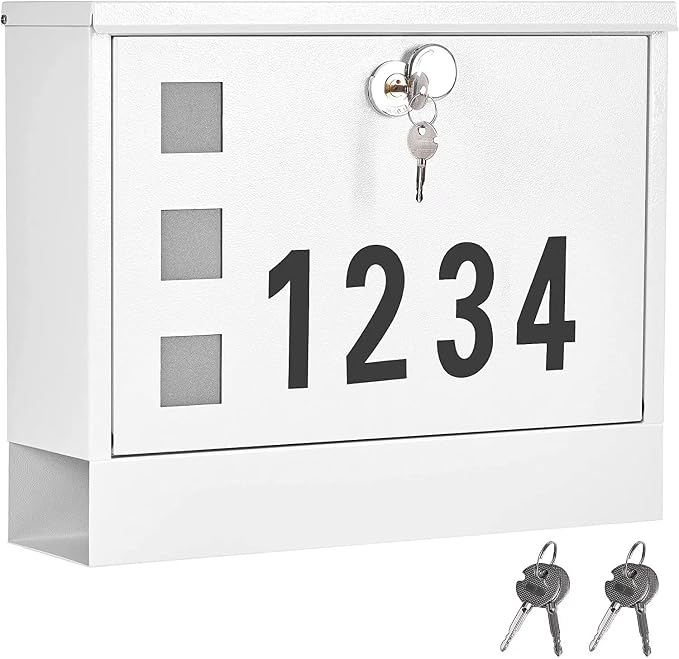 LAND·VOI Locking Mailbox Wall Mounted, Metal Postbox with Three Sets of Mail Box Number Stickers, 4 Keys, 14.4" x 4.5" x 11.2", Large Capacity, Textured White, AMB11W