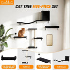 5 Pcs Wall-Mounted Climber Set, Wood Indoor with Shelves and Perches, Ladder, Condo House, Scratching Board and Tree, Wall Shelves Furniture for Cats (Black)