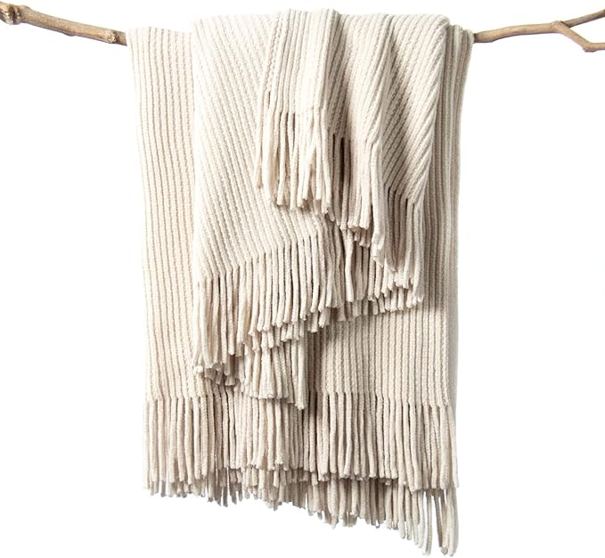 lifein Throw Blanket for Couch, Soft Boho Decor Bed Throw,Cozy White Chenille Knitted Small Farmhouse Lightweight Throw for Spring(White/Cream,50 * 60")