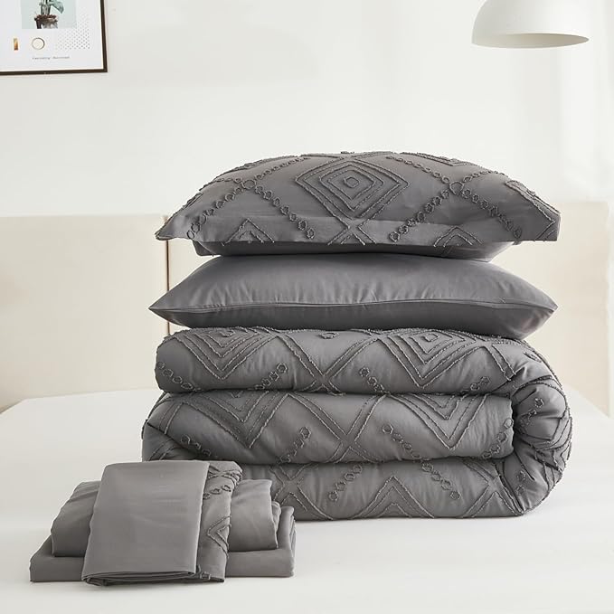 EMME Queen Comforter Set - 7 Pcs Dark Grey Boho Bedding Sets, Full Size Tufted Comforter with Sheets, Shabby Chic Embroidery Queen Bed Set Fluffy Bed Bag for All Season(90"X90")