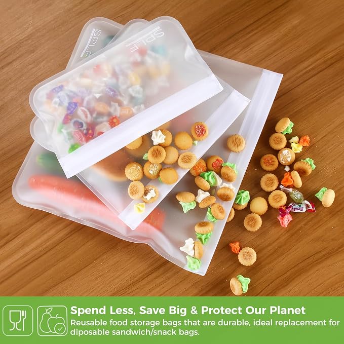 SPLF 10 Pack Dishwasher Safe Reusable Snack Bags | BPA Free Reusable Food Storage Freezer Bags Leakproof Silicone and Plastic Free Lunch Bags Fridge Home Organization