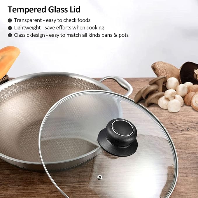 10.5 Inch Pan Lid, Universal Glass Cover for Pots, Skillets & Frying Pan | Clear, Cookware & bakeware lids, Stainless Steel Edging with Heat-resistant Handle