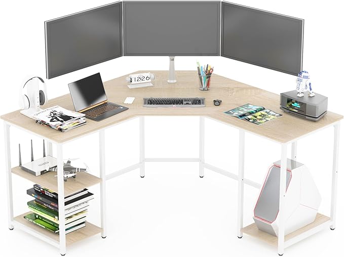 Elephance Large L-Shaped Computer Desk with Shelves, Corner Desk, Home Office Writing Workstation, Gaming Desk PC Latop Table with Storage