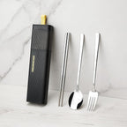 DEVICO Travel Utensils with Case, 4Pcs Korean Chopsticks Fork and Spoon Set | 18/8 Stainless Steel Portable Cutlery Set, Reusable Silverware for Lunch Box/Camping/Work/School, Dishwasher Safe, Black