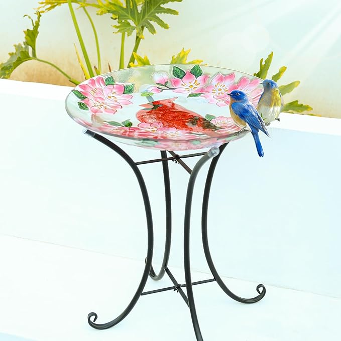 MUMTOP Outdoor Glass Birdbath with Metal Stand for Outside Lawn Yard Garden Cardinal Decor,18” Dia/21.65 Height