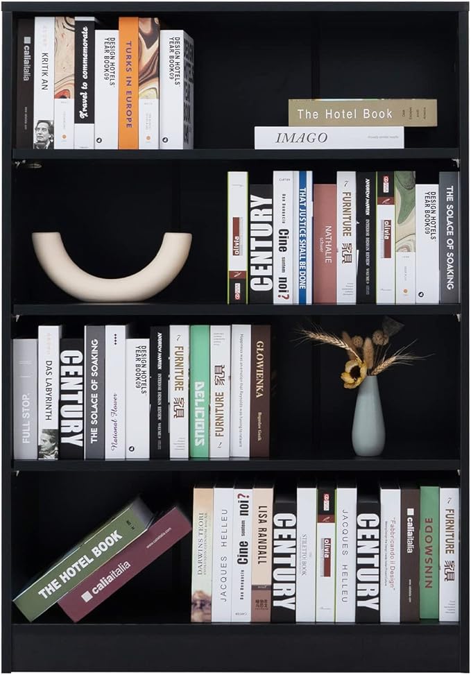 Farini Black Bookshelf for Bedroom 4 Shelf Office Bookcase 48 Inches Tall Modern Wood Bookshelf for Living Room 4 Tier Wide Manga Bookshelf Library Bookcase