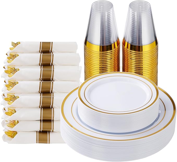 Goodluck 175 Piece Gold Plastic Dinnerware Set for 25 Guests, Fancy Disposable Plates for Party, Include: 25 Dinner Plates, 25 Dessert Plates, 25 Pre Rolled Napkins with Gold Silverware, 25 Cups