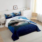 Kids Comforter Set for Boys Girls,3D Shark Fish Down Comforter 3 Piece Hawaiian Beach Theme Bedding Quilted Duvet Set Ocean Sea Animal Pattern Blue Duvet Insert for Toddler Teen Bedroom Decor,King