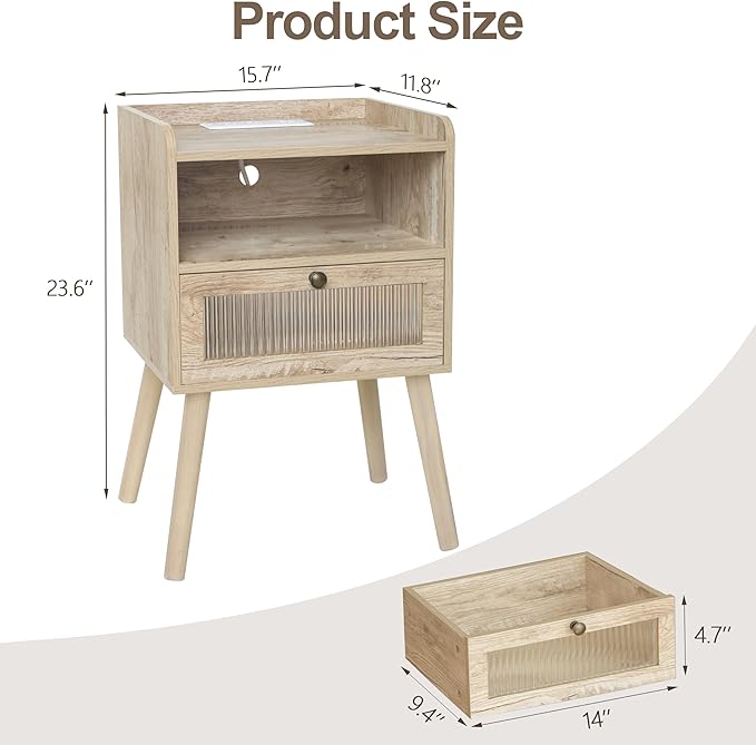 AWASEN Nightstand with Charging Station, Modern Bedside Table with Glass Decorative Drawer, Charging Night Stand Side Tables for Bedroom and Small Space, Rustic White Oak