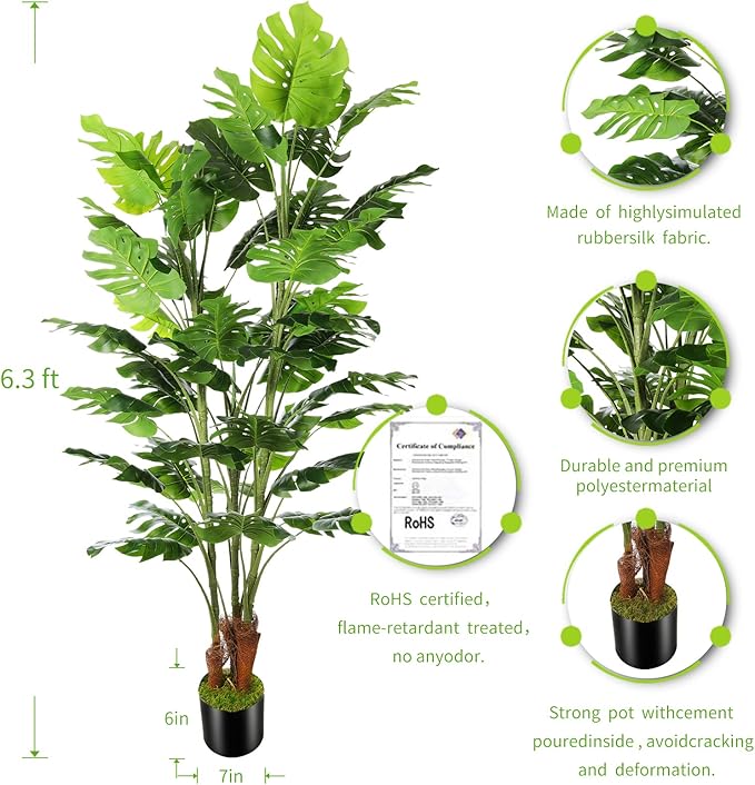 6.3ft Artificial Monstera Deliciosa Tree (75in) with Plastic Nursery Pot Faux Tree, Fake Tropical Split Leaf Palm Plant for Office House Farmhouse Living Room Home Decor (Indoor/Outdoor)