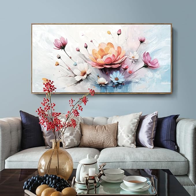 amatop Framed Floral Canvas Wall Art – Oversized Pink Blue Abstract Bloom Flower Print Daisy & Peony Picture Elegant Botanical Nature Large Artwork for Living Room Bedroom Dining Entryway Decor 58x29 inch