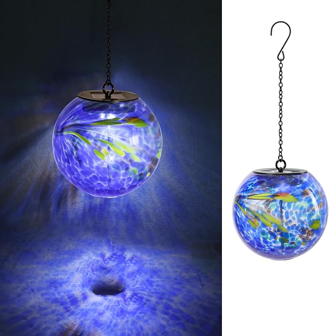 VCUTEKA Solar Hanging Lanterns Outdoor Decoration, Glass Solar Lights with Hook Up, Solar Garden Gazing Ball Light for Yard, Tree and Patio Decor, Blue