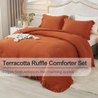 Andency Terracotta Ruffle Comforter Queen(90x90Inch), 3 Pieces(1 Ruffled Comforter and 2 Pillowcases) Solid Farmhouse Shabby Chic Comforter, Vintage Rustic Soft Microfiber Bedding Set
