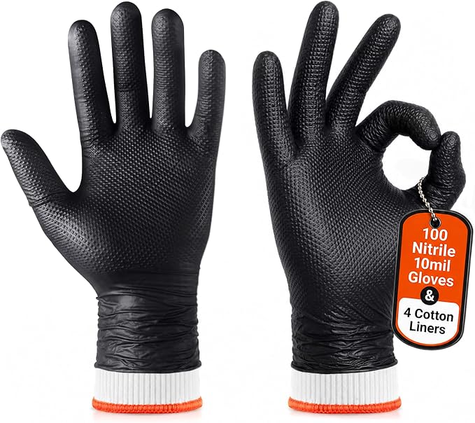 BBQ Gloves Disposable, 100 Count + 4 Cotton Liners, 10 Mil Tear Resistant | Nitrile Diamond Grip, Heat Resistant for Grilling Smoking Cooking, Food Safe, Latex Free, Heavy Duty Meat Handling, X-Large
