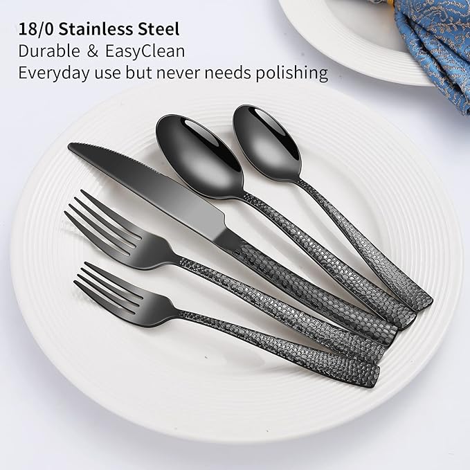 20-Piece Silverware Set, Black Hammered Stainless Steel Flatware for 4, Food-Grade Tableware, Including Fork, Knife, Spoon Set, Home Kitchen Cutlery, Dishwasher Safe