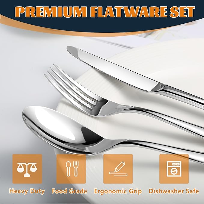 Silverware Set for 12, Heavy Duty Stainless Steel Cutlery Set Flatware Set,60 Piece Premium Silverware, Mirror Polished Modern Cutlery include Fork Knife Spoon Set,Dishwasher Safe