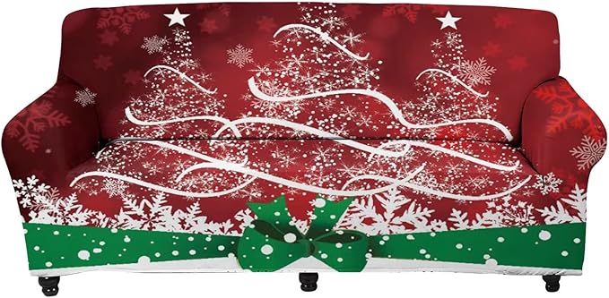 FKELYI Xmas Tree Snowflake Pattern Christmas Decor Stretch Sofa Slipcover Soft Comfort Cushion Cover Washable Furniture Protector-XL