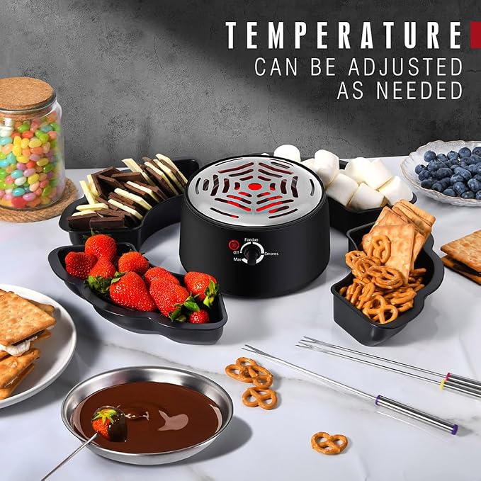 Electric S'mores Maker and Chocolate Fondue Set, Flameless Marshmallow Roaster with Adjustable Temperature, Stainless Steel Grill, Serving Tray and Roasting Forks