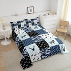 Cute Deer Comforter Set Queen, Military Camo Bedding Set for Kids Boys Teens Bedroom Tribal Animal Antlers Silhouette Quilted Comforter Checkered Plaid Arrows Bedding Comforters, Army Blue and White