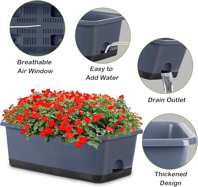 Window Box Planter 8 Pcs, 17 Inches Rectangle Flower Pots with Drainage Holes and Trays, Vegetable Planters for Windowsill Patio Garden Balcony Home Porch Yard Indoor Outdoor (Grey)