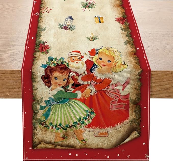 Vintage Christmas Table Runner Christmas Decorations - Red Vintage Style Santa Claus Girls Merry Christmas Winter Xmas Home Kitchen Dining Table Decor, Christmas Party Decorations 13 x 72 Inch