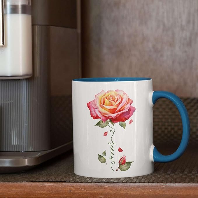 Novelty Rose Accent Cup For Girl, Personalized Rose Flower Coffee Mug 11oz 15oz, Customized Rose Lover Ceramic Cup With Name, Custom Flower Design Mug, Gift For Anniversary