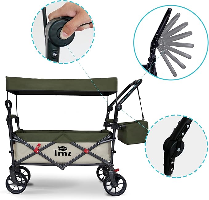 TMZ Collapsible Folding Outdoor Utility Wagon with Removable Canopy - 265lbs Heavy Duty Trolley with Rubber Wheels, Adjustable Handles, Rear Basket, for Shopping, Picnic, Camping (Beige/Green)