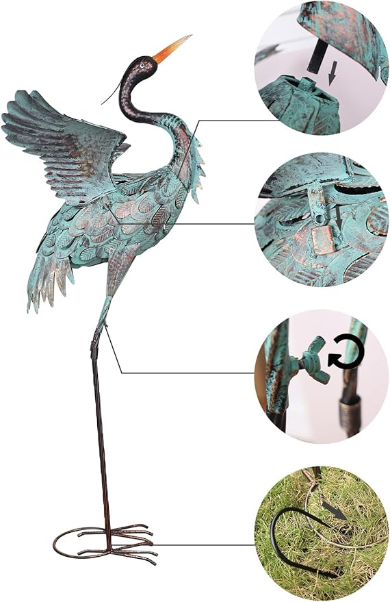 YEAHOME Garden Decor Outdoor Statues, 38"/36" Large Metal Heron Standing Yard Art, Blue Crane Lawn Sculptures Garden Decor for Outside Patio Porch Backyard, Set of 2
