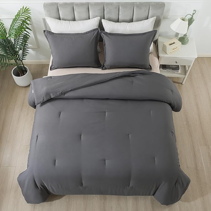 Dark Gray Comforter Set King, Solid Grey Down Alternative Bedding Comforter Set, Breathable Fluffy Microfiber Comforter King Size (104"x90") for All Seasons with Pillowcase…