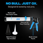 OX Professional Sausage Caulk Gun - 24:1 Thrust Heavy Duty Caulking Gun | 20 oz sausage caulking gun with 24:1 thrust ratio for high-viscosity materials - aluminum barrel - pistola de calafateo