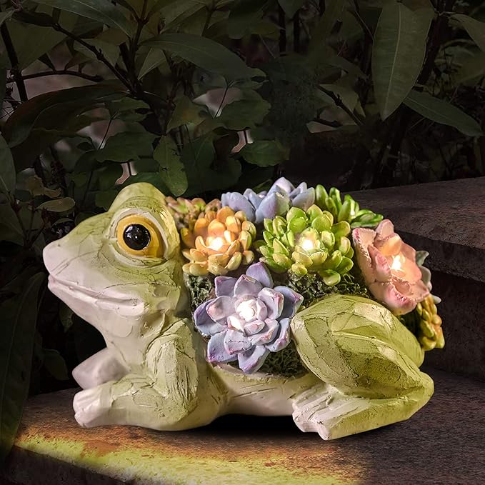 pearlstar Garden Statues, Frog Solar Statue Garden Decor Clearance, Cute Resin Frog Figurines with 7 LED Solar Lights Lawn Decorations for Patio Yard Gifts for Mom Grandma Housewarming