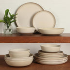 Gibson Elite Laguna Bliss 16 Piece Stoneware Reactive Glaze (Service for 4) Ceramic Plates and Bowls Dinnerware Set - Matte Cream White W/Terracotta Bottom