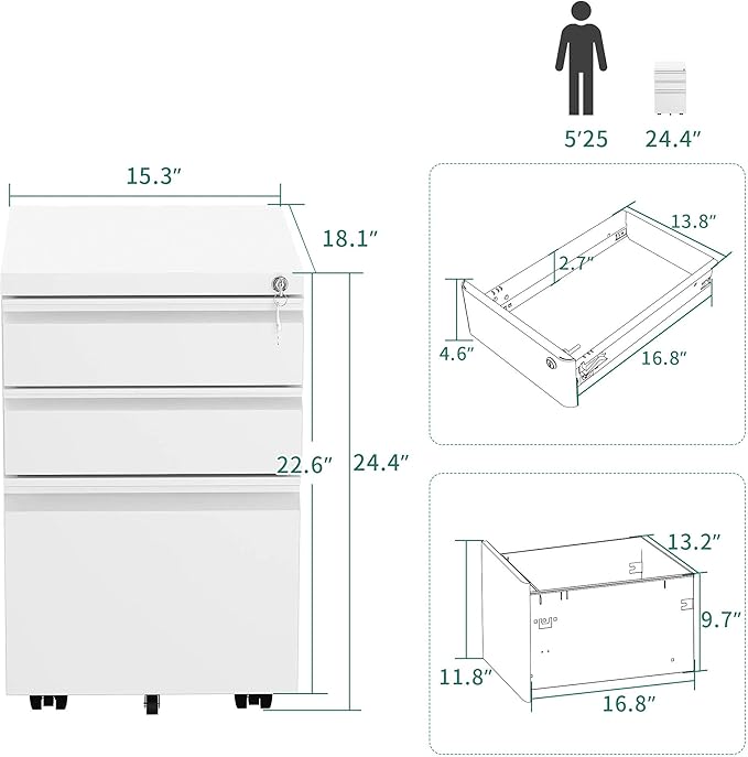 YITAHOME 3-Drawer Mobile File Cabinet with Lock, Office Storage Filing Cabinet for Legal/Letter Size, Pre-Assembled Metal File Cabinet Except Wheels Under Desk -White